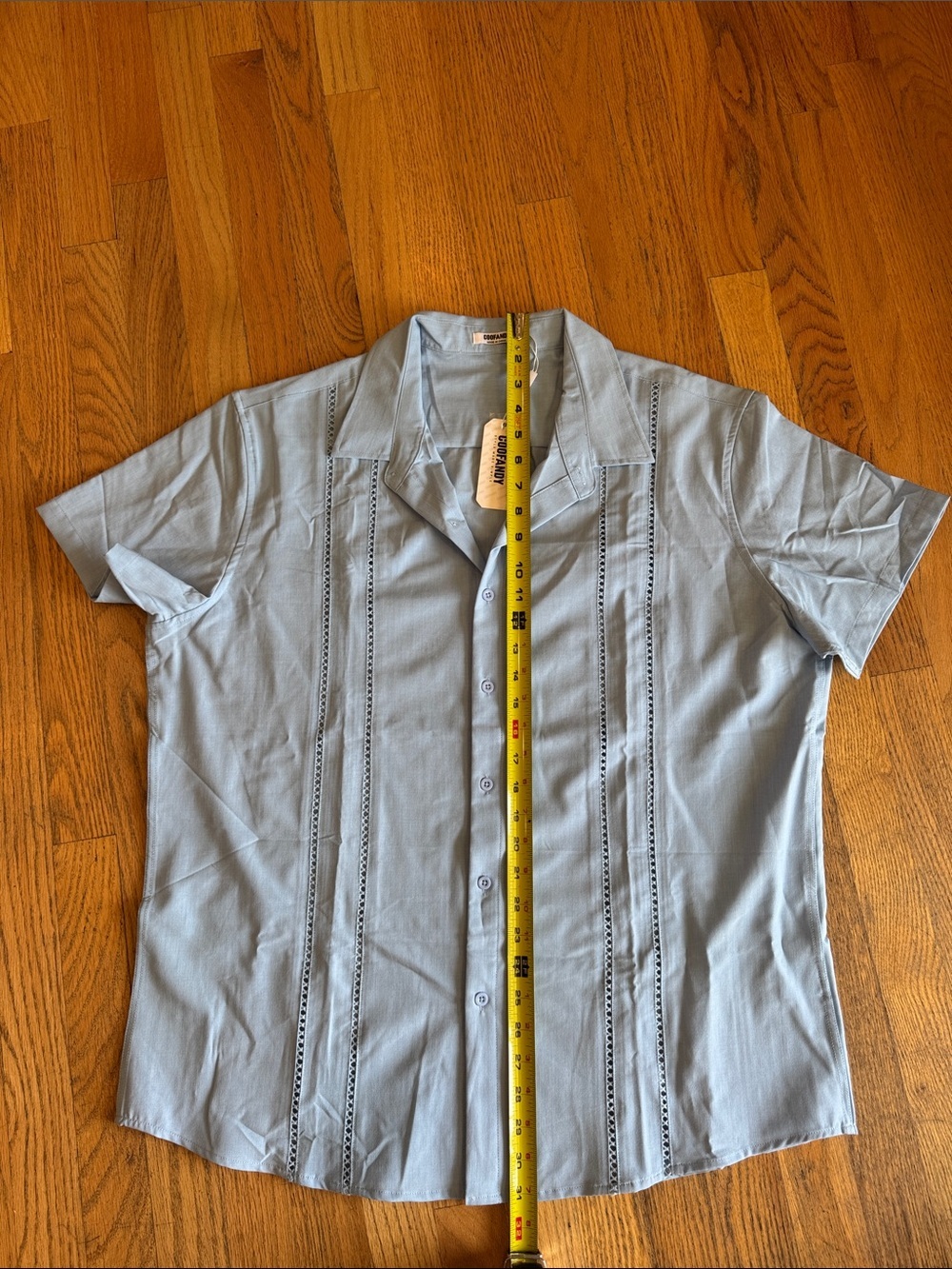 Men's Light Blue Short-Sleeve Button-Down Shirt with Embroidered Panels - Picture 4 of 5